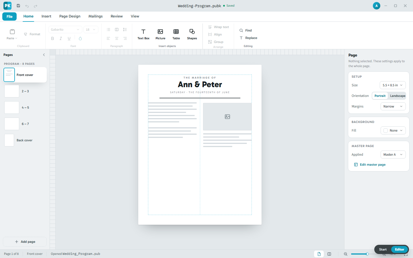 The PubKeep desktop editor with a wedding program open: a ribbon of Home, Insert, Page Design, Mailings, Review, and View tabs, a page navigator down the left, the document on the canvas, and a page properties panel on the right.