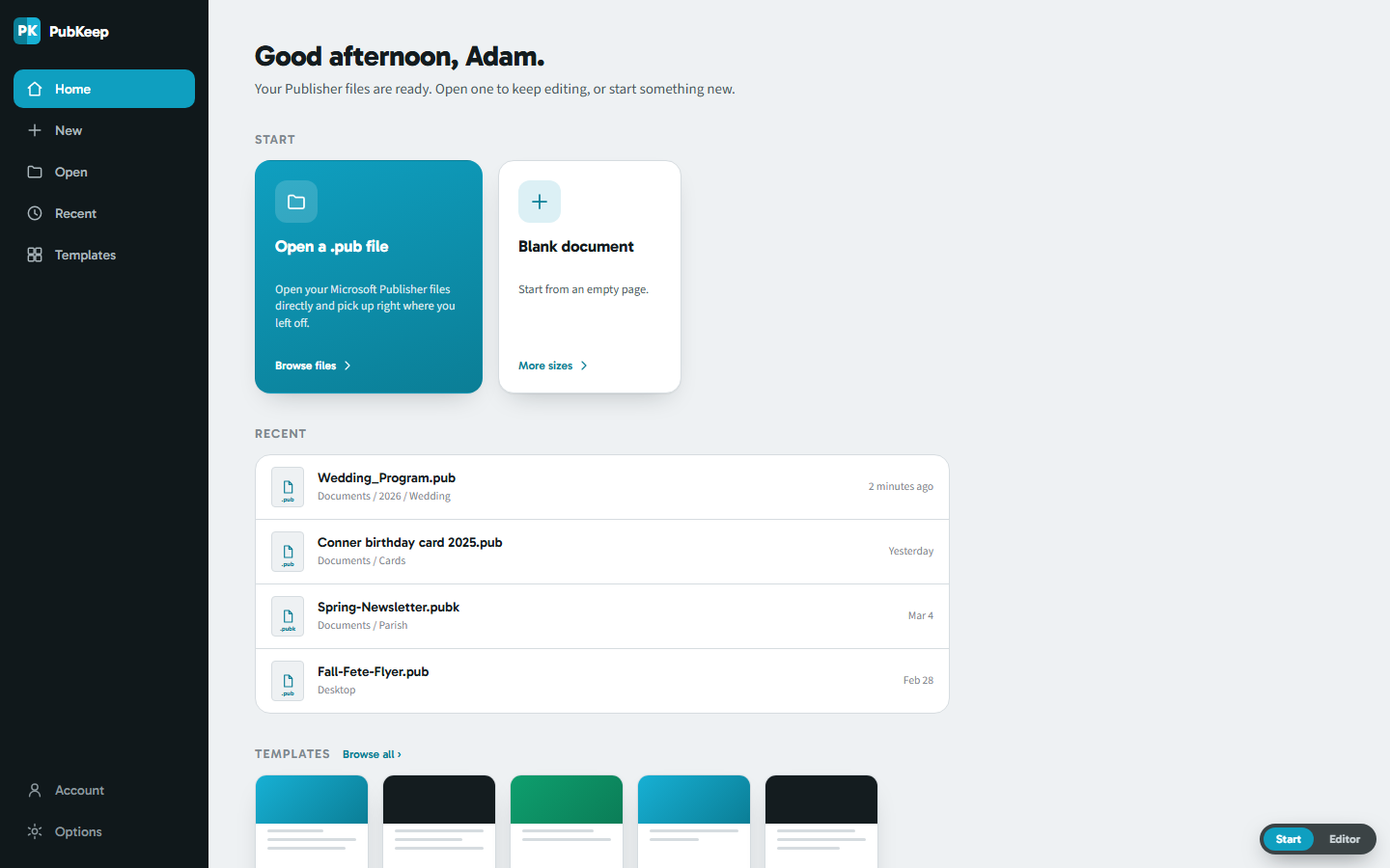 The PubKeep start screen: a dark side rail with Home, New, Open, Recent, and Templates, a highlighted card to open a .pub file, a blank document card, a list of recent Publisher files, and a row of templates.